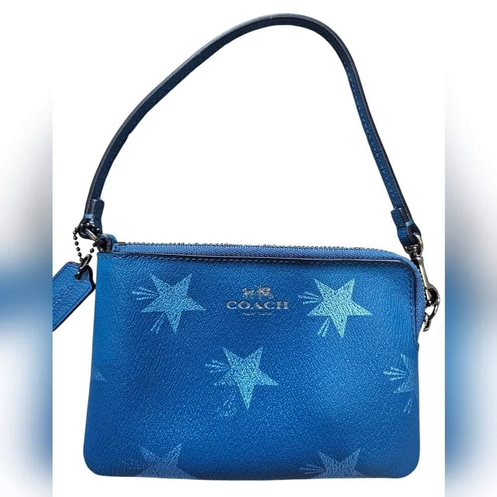 Coach Corner Zip Wristlet, Star Printed Canvas In Slat Blue. New Without Tags